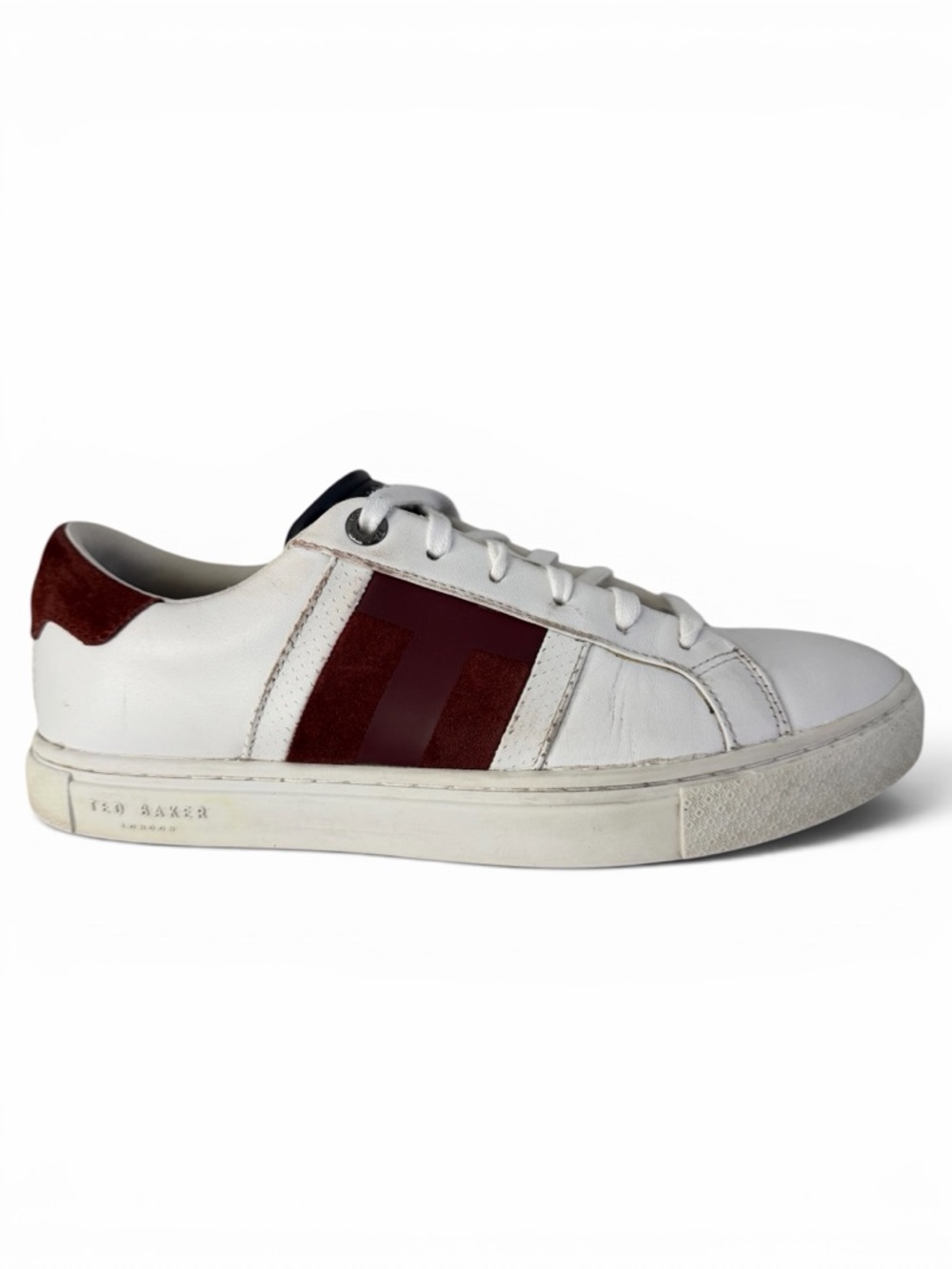 TED BAKER LONDON White Burgundy Leather Low Top Sneakers Casual Designer Shoes m